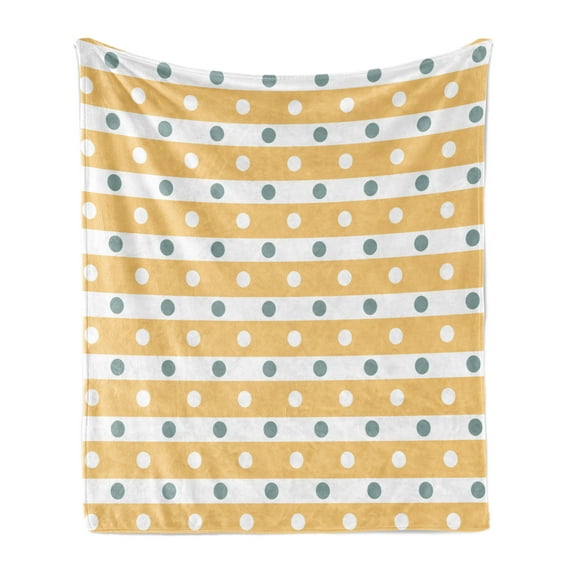 Yellow and White Soft Flannel Fleece Throw Blanket, Horizontal Bold Stripes with Polka Dots Old Fashioned Tile, Cozy Plush for Indoor and Outdoor Use, 70" x 90", Almond Green Apricot, by Ambesonne