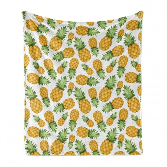 Yellow and White Soft Flannel Fleece Throw Blanket, Pineapples Tropical Climate Fruits Ripe Juicy Food, Cozy Plush for Indoor and Outdoor Use, 50" x 70", Earth Yellow Green White, by Ambesonne