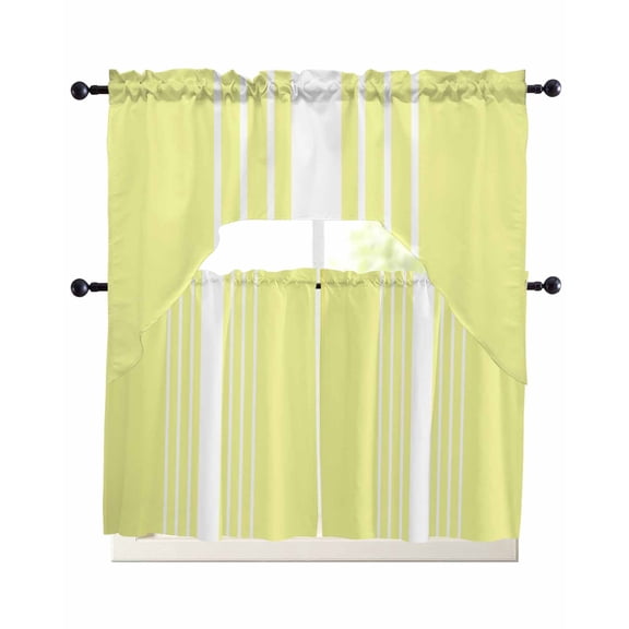 Yellow White Stripe Kitchen Curtains Sets 24 Inch Length with Valance, Modern Rustic Vertical Striped Swag Valances and Tiers Curtain Set Drapes Swag Curtains for Living Room, Bathroom, Bedroom, Cafe