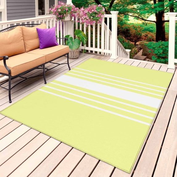 Yellow White Stripe Outdoor Rug for Patio/Deck/Porch, Non-Slip Large Area Rug 4 x 6 Ft, Modern Rustic Vertical Striped Indoor Outdoor Rugs Washable Area Rugs, Reversible Camping Rug Carpet Runner