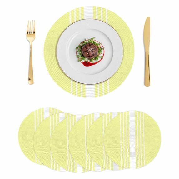 Yellow White Stripe Round 13 Inch Placemats Set of 6, Modern Rustic Vertical Striped HeatResistant Non Slip Place Mats for Dining Table, Wipeable Braided Kitchen Table Mats for Housewarming