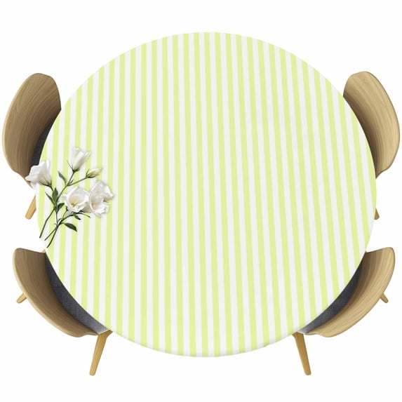 Yellow White Stripe Round Tablecloth, Fitted Table Cover with Elastic for 36"-44" Round Tables, Modern Minimalist Geometric Striped Table Cloth Outdoor Indoor Dinning Party Waterproof Tablecloths