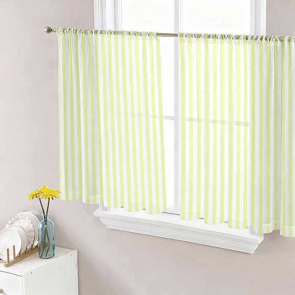 Yellow White Stripe Semi Sheer Curtains 45 Inch Length 2 Panels Set, Modern Minimalist Geometric Striped Sheer Kitchen Curtain Privacy Voile Window Curtain for Living Room Bedroom Rod Pocket Drapes