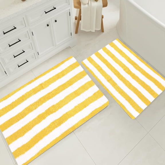 Yellow White Stripe Soft Cozy Plush Chenille Bath Mat Bathroom Rug - 2 Piece Set