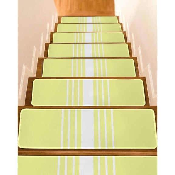 Yellow White Stripe Stair Treads for Wooden Steps Indoor Runner Rug Carpet, Modern Rustic Vertical Striped 7 Pieces Peel and Stick Staircase Step Treads Covers Washable Throw Door Mats, 30"x8"