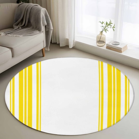 Yellow and White Striped 3FT Round Area Rugs Modern Minimalist Vertical Lines Soft Small Round Rug Non-Slip, Ultra-Thin Indoor Circle Carpet for Bedroom Entryway Kitchen Bathroom
