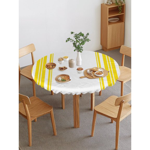 Yellow and White Striped Round Fitted Tablecloth with Elastic Edge, Modern Minimalist Vertical Lines Waterproof Stretch Table Covers for 36"-44" Tables Wipeable Table Cloth for Outdoor
