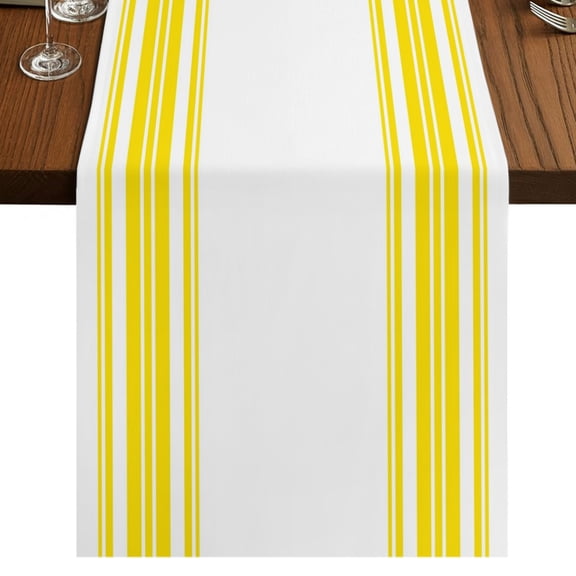 Yellow and White Striped Table Runner 60 Inches Long, Modern Minimalist Vertical Lines Cotton Linen Dining Table Runner Dresser Scarves for Home Kitchen Party Decor 13"x60"
