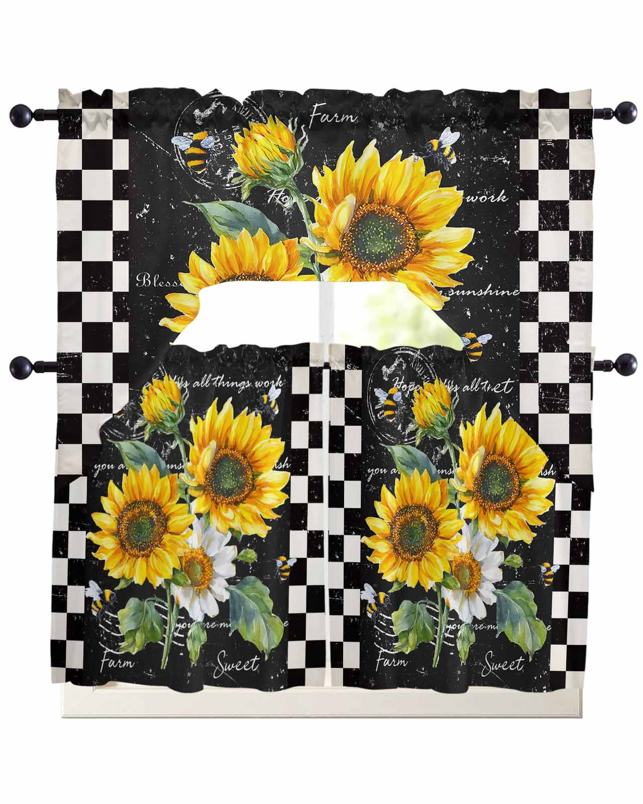 Yellow White Sunflower Kitchen Curtains Sets 24 Inch Length with ...