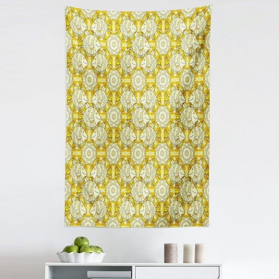 Yellow and White Tapestry, Aquarium Fishes with Stripes on Floral Composition Background, Fabric Wall Hanging Decor for Bedroom Living Room Dorm, 5 Sizes, Marigold Beige Yellow, by Ambesonne
