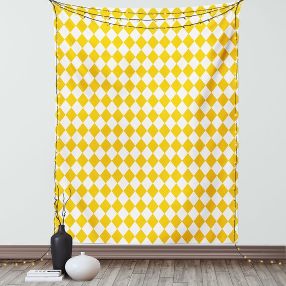Yellow and White Tapestry, Diagonal Checkered Old Fashioned Retro Style Grid Mosaic Pattern, Wall Hanging for Bedroom Living Room Dorm Decor, 40W X 60L Inches, Yellow and White, by Ambesonne