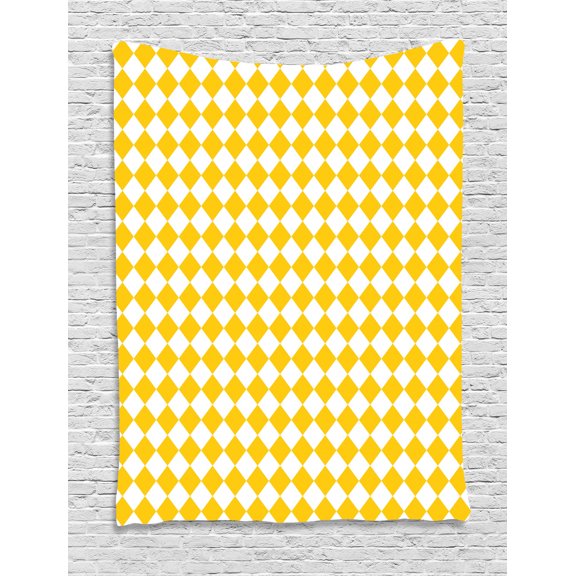 Yellow and White Tapestry, Diagonal Checkered Old Fashioned Retro Style Grid Mosaic Pattern, Wall Hanging for Bedroom Living Room Dorm Decor, 60W X 80L Inches, Yellow and White, by Ambesonne