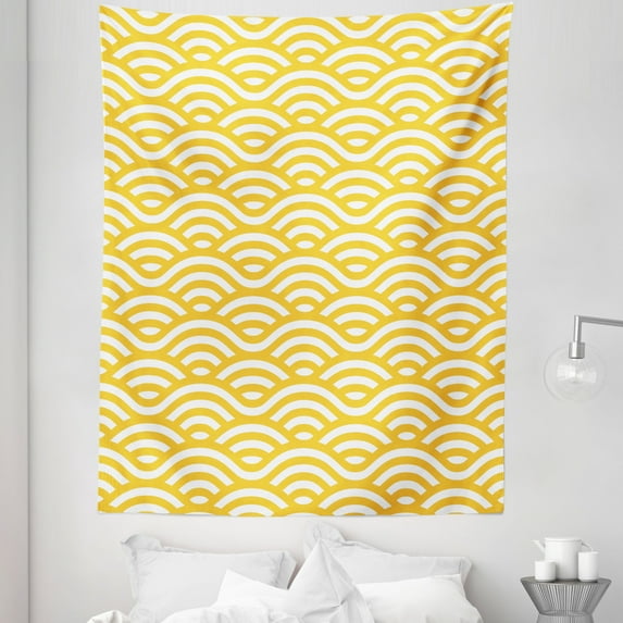 Yellow and White Tapestry, Horizontal Abstract Sea Ocean Waves Summer Beach Coast Holiday Theme, Fabric Wall Hanging Decor for Bedroom Living Room Dorm, 5 Sizes, Marigold White, by Ambesonne