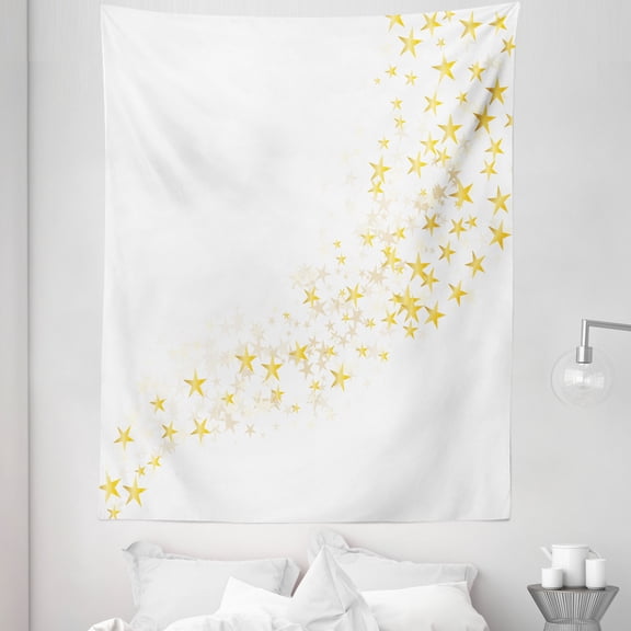Yellow and White Tapestry, Yellow Stars Flowing over the White Backdrop Magic Galaxy Celebration, Fabric Wall Hanging Decor for Bedroom Living Room Dorm, 5 Sizes, Yellow White, by Ambesonne