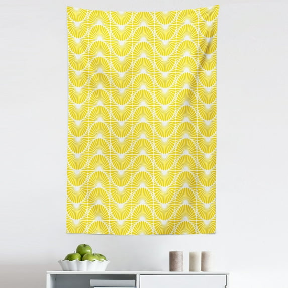 Yellow and White Tapestry, Sun Inspired Abstract Pattern Curves Waves Vertical Classical Retro, Fabric Wall Hanging Decor for Bedroom Living Room Dorm, 5 Sizes, Yellow White, by Ambesonne