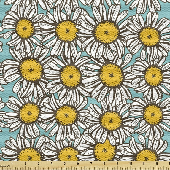 Ambesonne Yellow and White Fabric by the Yard Upholstery, Sketch Daisies, 1 Yard, Pale Blue Marigold White