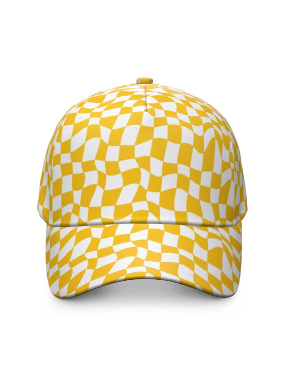 Yellow and White Wavy Checkered Baseball Cap, Structured Flat Bill Hat with Snap Closure & Sweatband, Polyester Construction Gifts for Sports Outdoor Travel