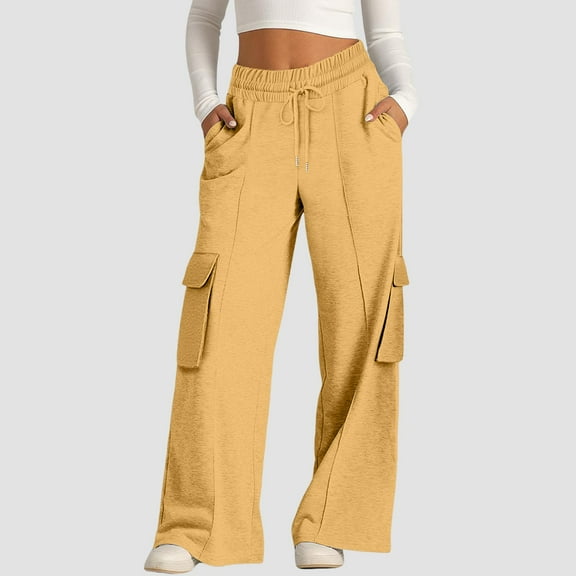 Yellow Wide Leg Sweatpants Women's Fashion Solid Color Waist Wide Leg Casual Pants with Pocket Pants Fashion Clothing
