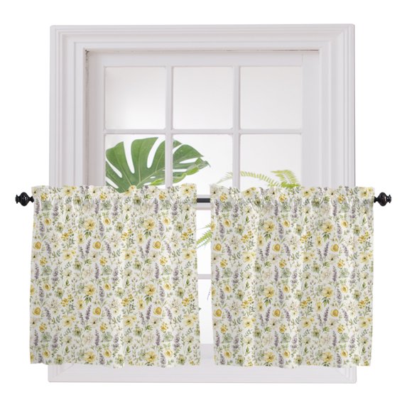 Yellow Wildflowers 2 Panel Kitchen Curtains for Small Windows, Chic Floral Classic Botanical Bathroom Tier Curtain, Short Window Treatment for Bedroom/Living Room 55"x24"
