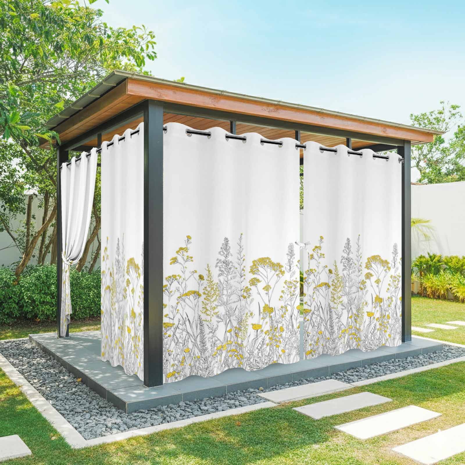 Yellow Wildflowers Outdoor Curtains for Patio, Rustic Botanical Flower Country Gray Plant Sunshade Privacy Drapes Grommet Waterproof Outside Curtains for Porch/Cabana/Balcony 54"x 108", 1 Panel