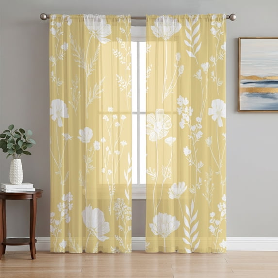 Yellow Wildflowers Sheer Curtains 84 Inches Long, Farmhouse Floral Botanical Leaves Light Filtering Window Curtains for Living Room, Rod Pocket Voile Sheer Curtain Drapes, 52"W x 84"L, 2 Panels