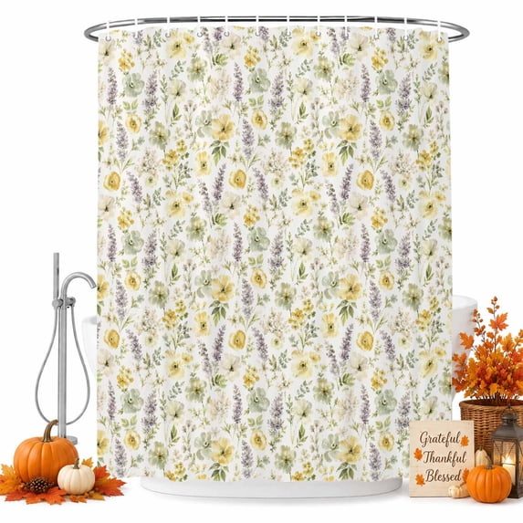 Yellow Wildflowers Shower Curtain Set - 72" x 78" Washable Bathtub Curtain with 12 Hooks, Chic Floral Classic Botanical Waterproof Fabric Stall Shower Curtains for Bathroom/Bathtub Décor