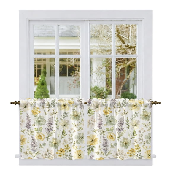 Yellow Wildflowers Tier Curtains 24 Inch Length, Chic Floral Classic Botanical Cafe Short Curtains for Bathroom Over Sink, Small Kitchen Curtain Light Filtering Tiered Drapes 2 Panels 27.5"Wx24"L