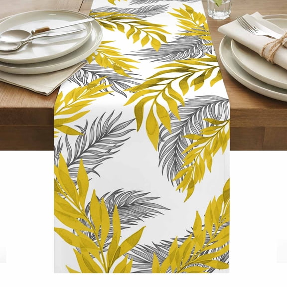 Yellow Willow Leaf Cotton Linen Table Runner Abstract Art Leaves Botanical Lines Farmhouse Dining Table Runners for Home Decor Party Dining Room Restaurant Kitchen Party 13" x 72"
