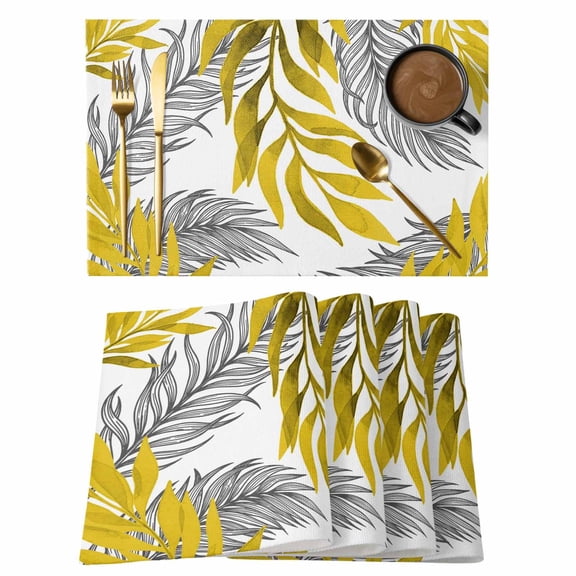 Yellow Willow Leaf Placemats Set of 4 Abstract Art Leaves Botanical Lines Farmhouse Heat Insulation Washable Place Mats, Rustic Non-Slip Table Mats for Dining Table Party Kitchen Decor,13x19 Inch