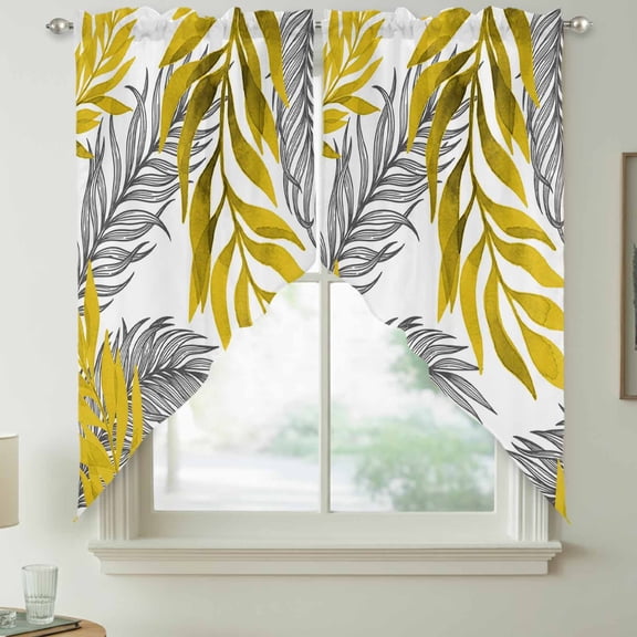 Yellow Willow Leaf Swag Kitchen Curtain Valances, Abstract Art Leaves Botanical Lines Farmhouse Rod Pocket Curtains Window Treatment Decor Valances for Bedroom Bathroom, 2 Panels 36 x 63 Inch