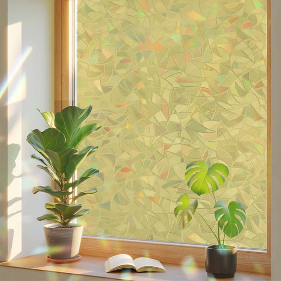 Yellow Window Privacy Film, Modern Solid Color Stained Glass Rainbow Film Decorative Window Clings, Static Cling Sun Blocking Stickers 17.7" x 39.3"