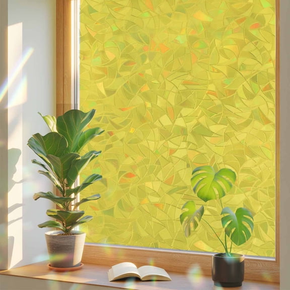 Yellow Window Privacy Film Rainbow Static Cling Stain Glass Window Film for Glass Door, Decorative Heat Control UV Blocking Frosted Sunroof Decal Sticker for Car Bathroom Home 23.6"x59" Pure Yellow