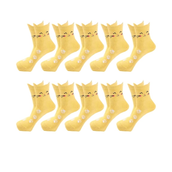 Yellow Winter Socks Women Cartoon Cat Design Mid Calf Breathable Cotton Length 709 Inches Wide 394 Inches Free Size Yellow Nylon Spandex
