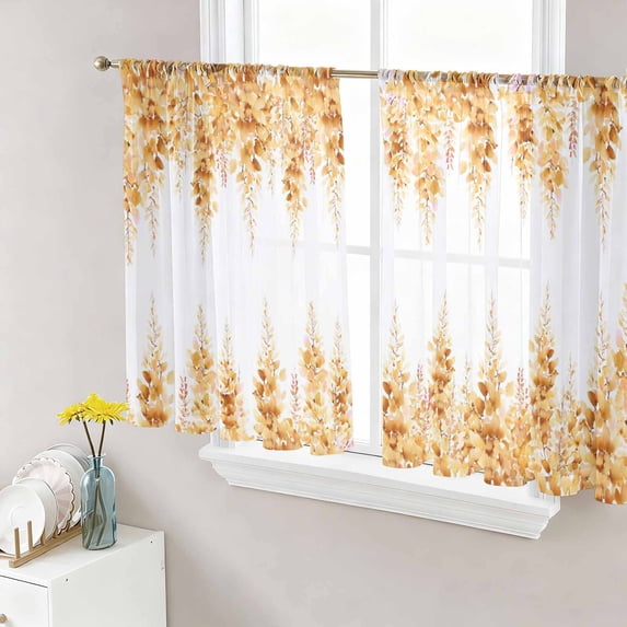 Yellow Wisteria Sheer Curtains 54 Inch Length 2 Panels Set, Sprinng Summer Pastoral Botanical Voile Window Treatment Rod Pocket Short Kitchen Curtains Drapes for Bedroom 52"x54"x2