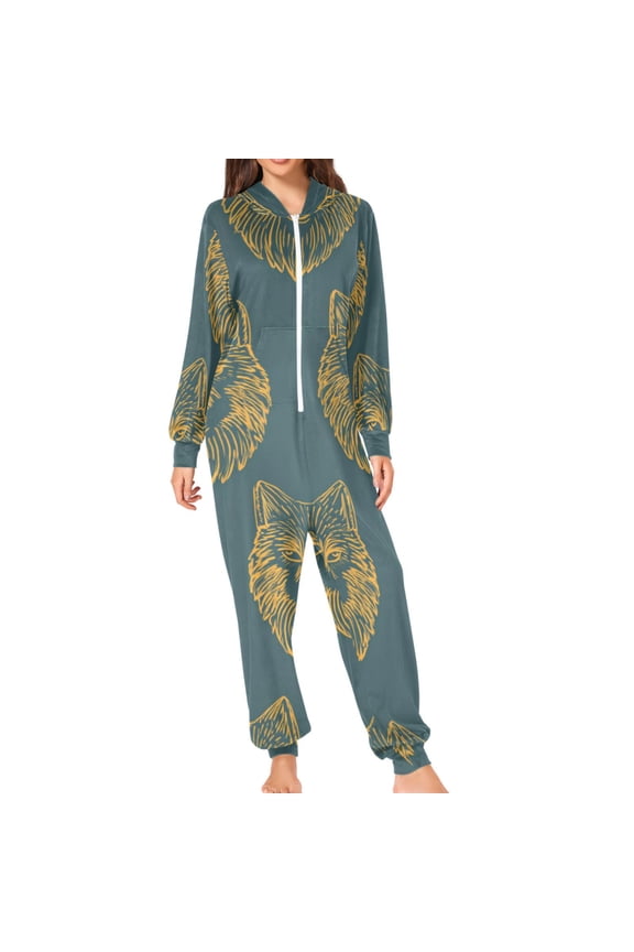 Yellow Wolf Face Hand Painted Adult's Hoodie Onesie Jumpsuit One-Piece Pajamas with Zipper Unisex for Holiday M
