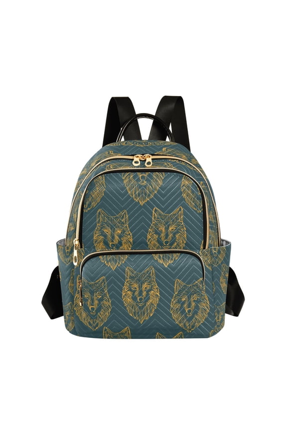 Yellow Wolf Face Hand Painted Quilted Backpack Fashion Daypack Commuter Bag for Women 8.5 L