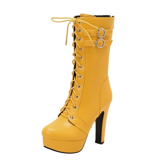 Yellow Women Boots With Belt Buckle Lace-Up And High Heel Ideal For Fall And Winter Fashion