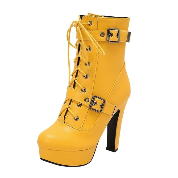 Yellow Women Boots With Belt Buckle Lace-Up And Thick High Heel Fashionable For Fall And Winter Ensembles