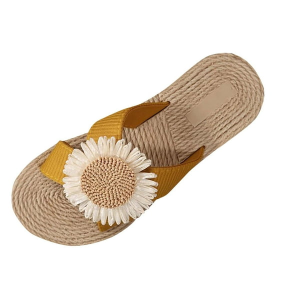 Yellow Women Casual Sandals Featuring Straw Rope Design Flat Heel For Outdoor Beach Use In Spring Summer