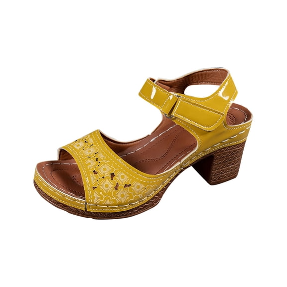 Yellow Women Casual Summer Sandals With Fish Mouth Toe And One Line Buckle With Thick Platform Heel For Casual And Formal Occasions