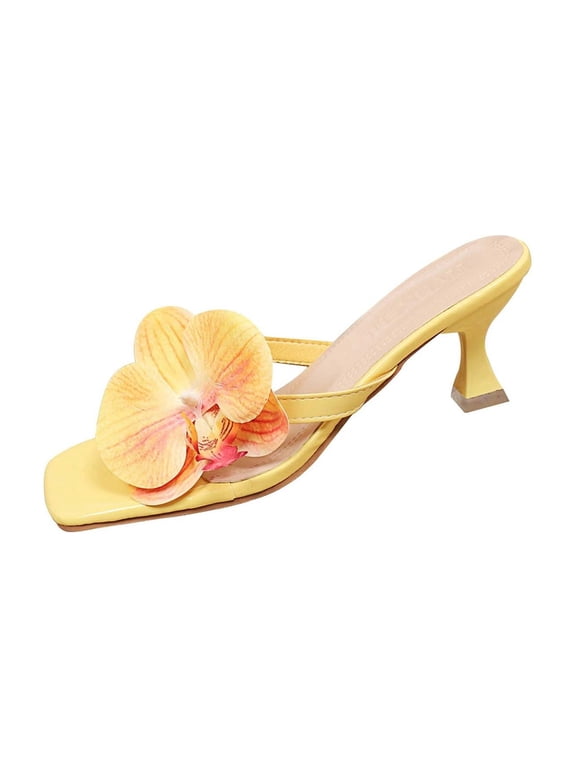 Yellow Women'S Open Toe Footwear With Floral Accents And Square Toe Sleek Heel For Casual Outings