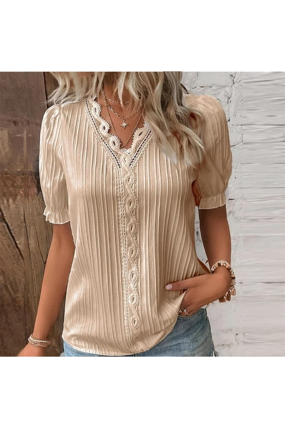 Summer Short Sleeve Oversized Going Out Dress Shirts for Women Yellow Fashion Hollowed Lace V Neck Plain Elegant Shirt Solid Color Blouse Comfy Soft Tee L