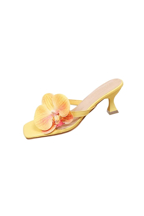 Yellow Women'S Square Toe Sandals Featuring Floral Embellishment And Open Toe Sleek Heel For Evening Wear