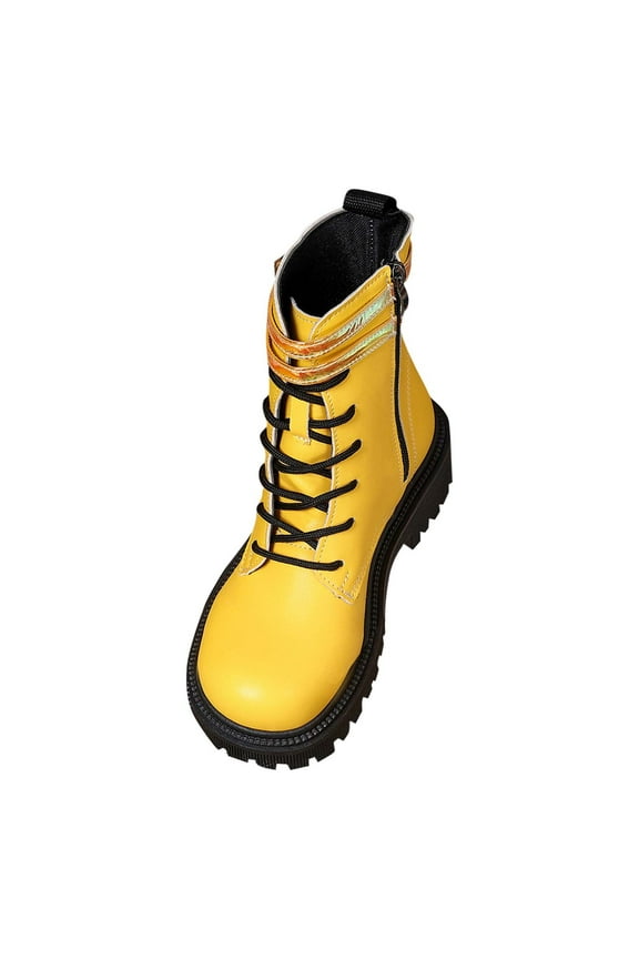 Yellow Women'S Walkable Lace-Up Boots With Buckle Strap, Low Heel For All-Day Comfort
