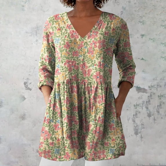 Yellow Women Shirts, 2025 New Women'S Summer Printed Group Shirt Women'S Linen V Neck Casual Shirt,Women Shirts XXL