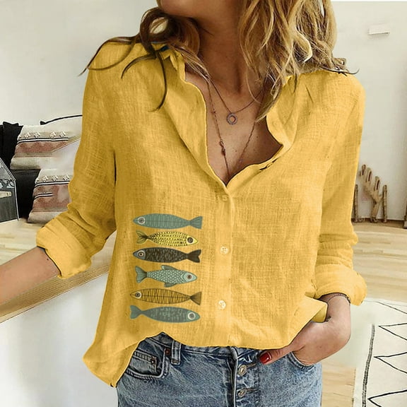 Yellow Women Shirts, Fashion Women'S Loose Button Solid Lapel Long Sleeves T Shirt Blouse Tops,Women Shirts S