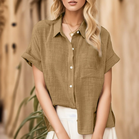 Yellow Women Shirts, Summer New Ladies Loose Blouses Cotton And Lapel Rolled Short Sleeve Button Shirt Tee Shirt,Women Shirts M