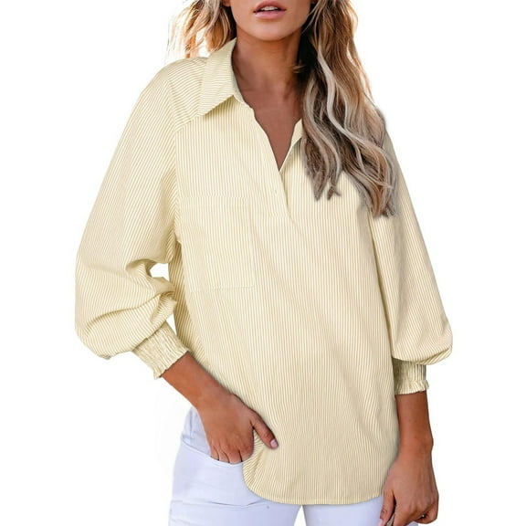 Yellow Women Shirts, Women 2025 Striped Smocked Cuffed Shirts Long Sleeve Collared Blouse Tops With Pocket,Women Shirts XL