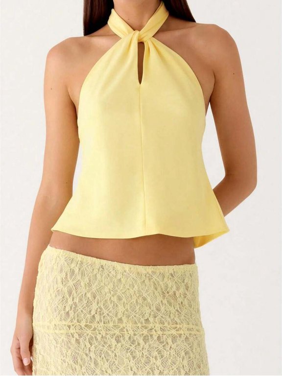 Yellow Women Sleeveless Halter Neck Crop Top With Front Knot Detail Solid Summer Camisole