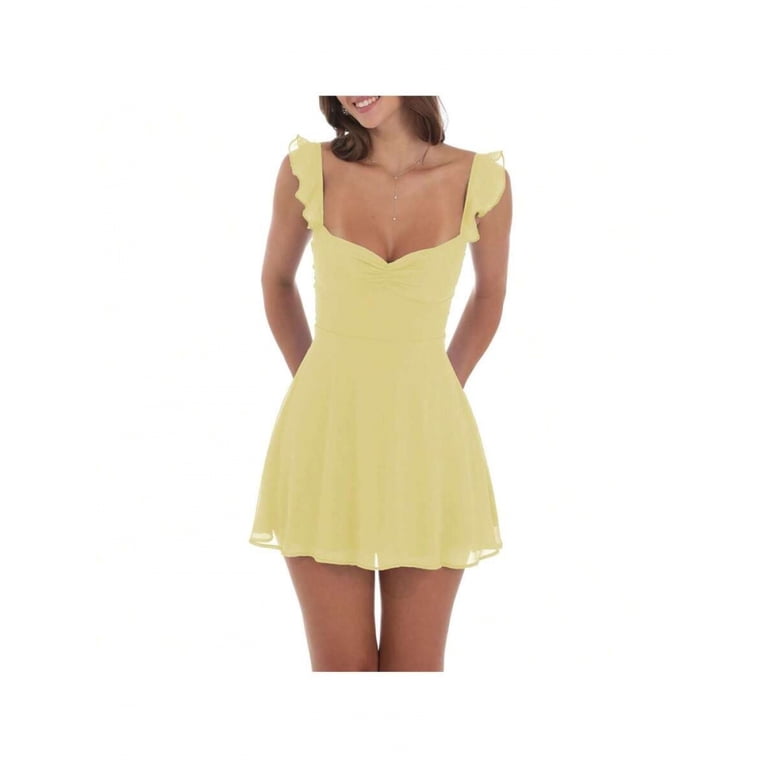 yellow backless skater dress Women Summer Mini Cami Solid Color Sleeveless Ruffled Shoulder Smocked Waist Flowy Dress Imported.